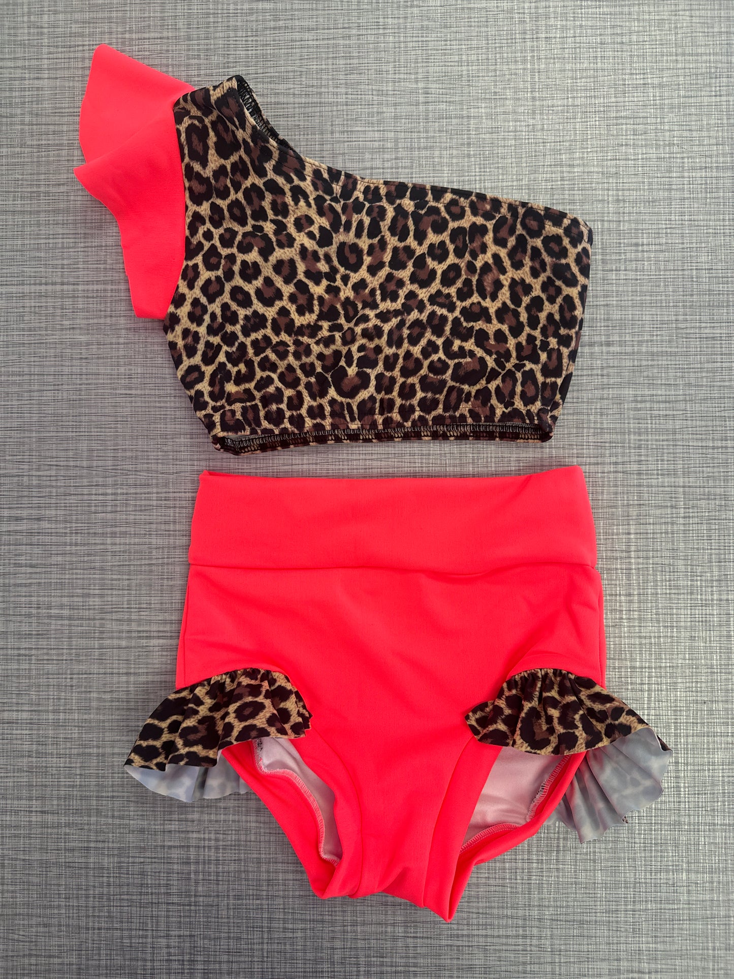 One Shoulder Neon Orange Cheetah Ruffle Brief Set