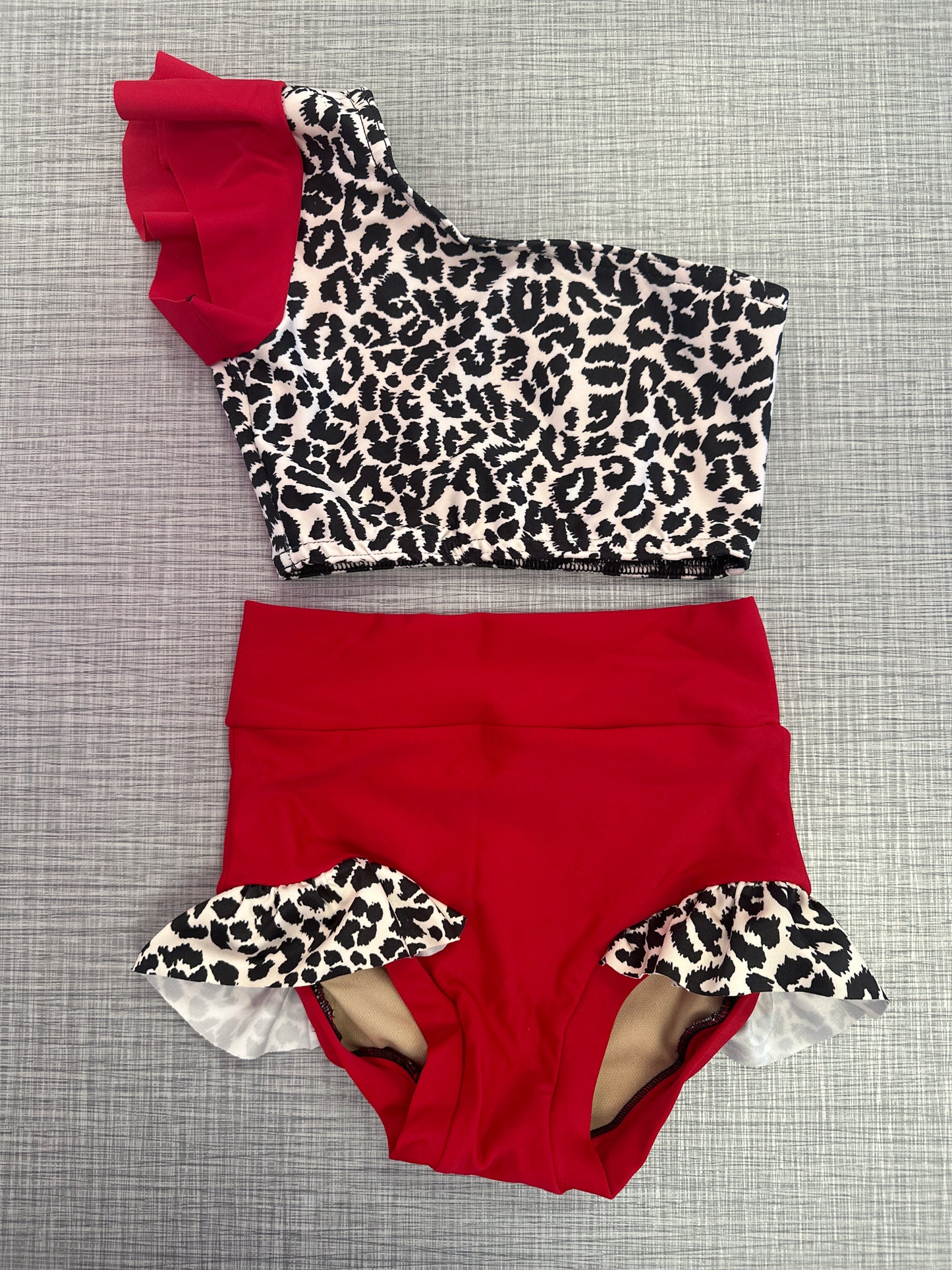 One Shoulder Red Cheetah Ruffle Brief Set