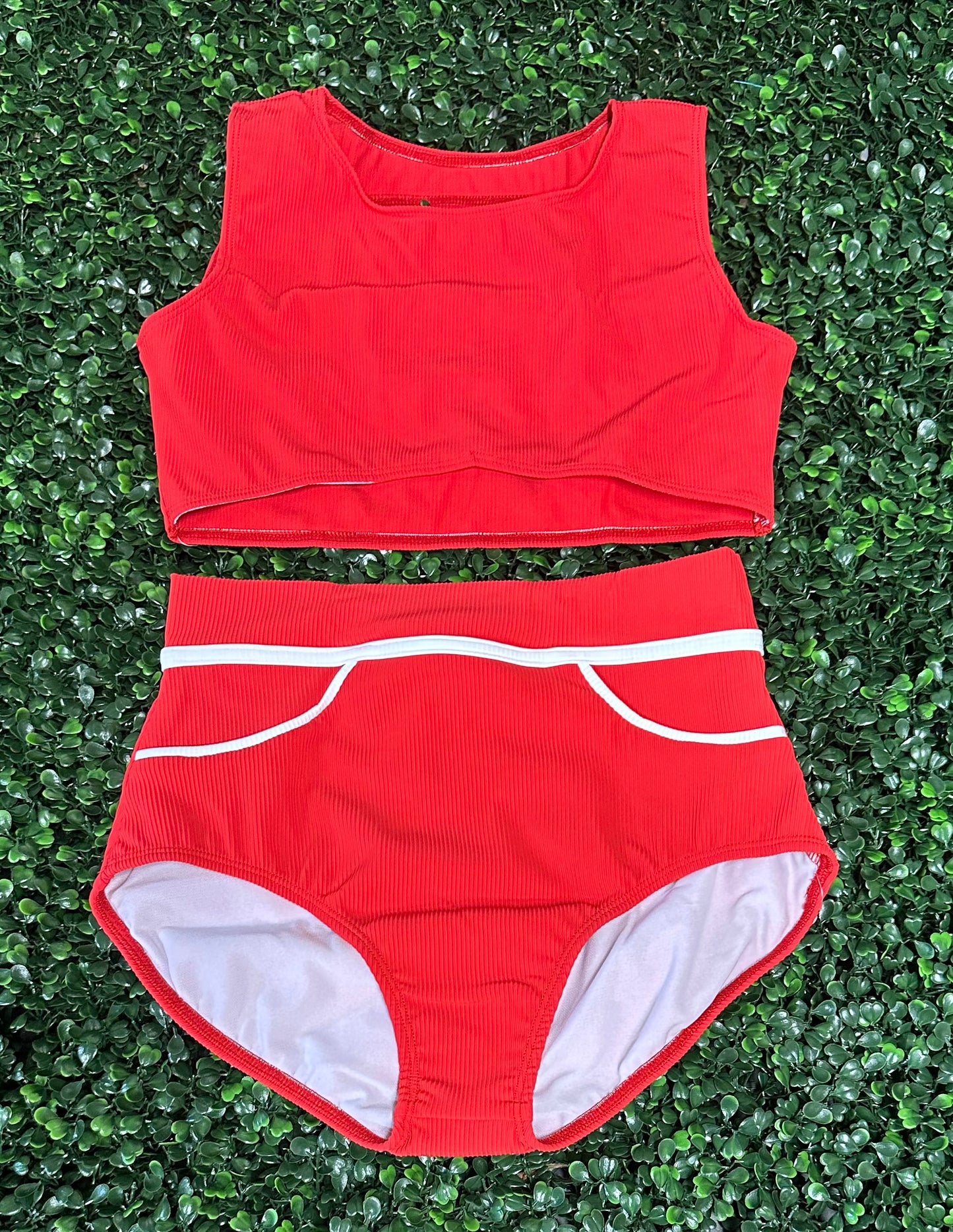 CY Ribbed Red with White Stripe Brief Set