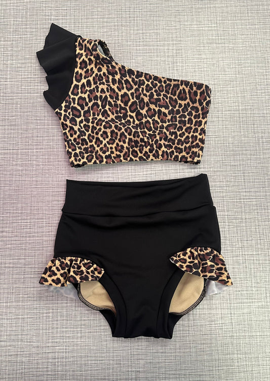 One Shoulder Black Cheetah Ruffle Brief Set