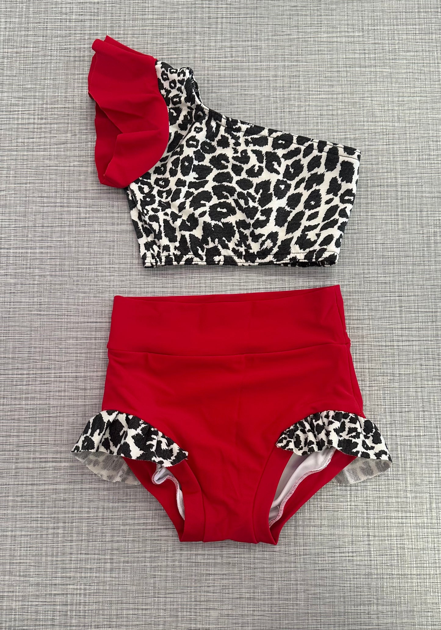 One Shoulder Red Cheetah Ruffle Brief Set