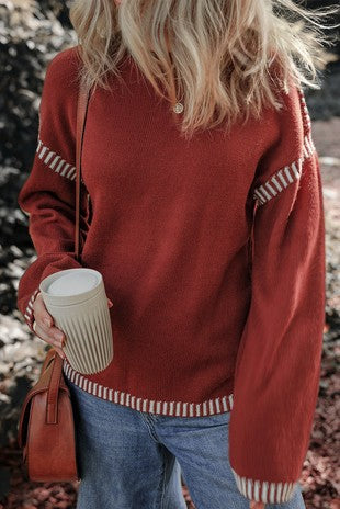 Burgundy with White Trim Crew Neck Sweater