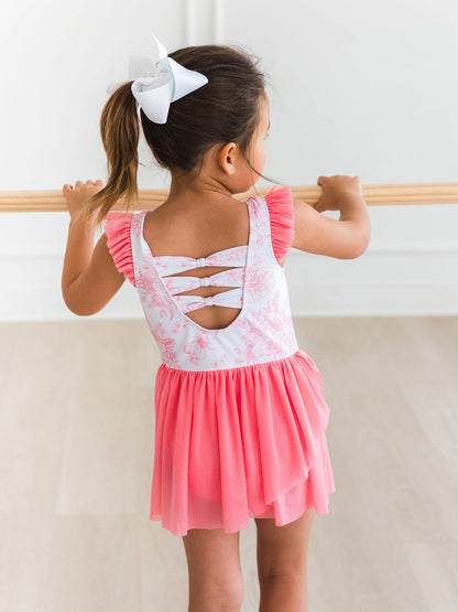 Girls Bubblegum Butterfly Garden Toile Flutter Sleeve Dance & Gymnastics Leotard