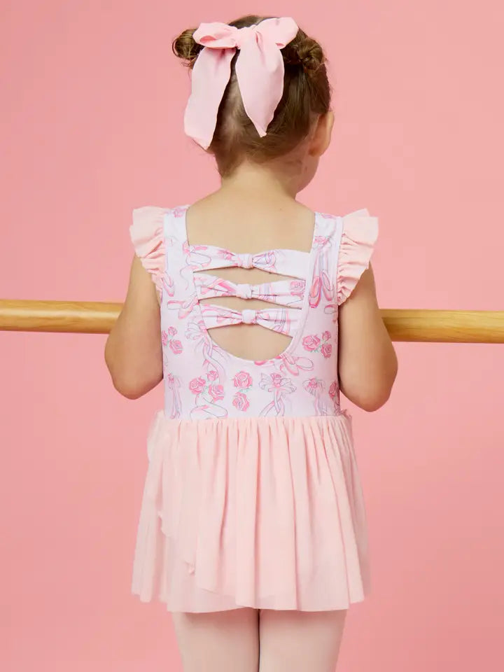 Rosy Ballet Bows Flutter Sleeve Leotard