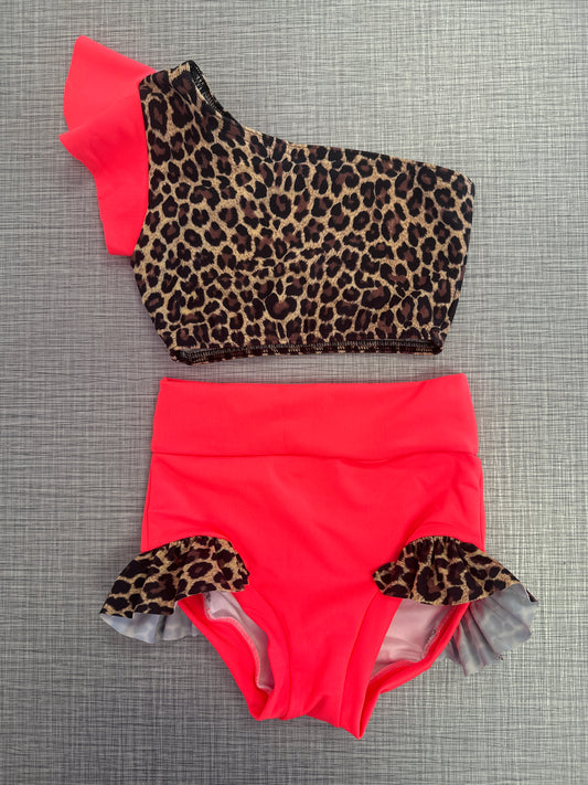 One Shoulder Neon Orange Cheetah Ruffle Brief Set