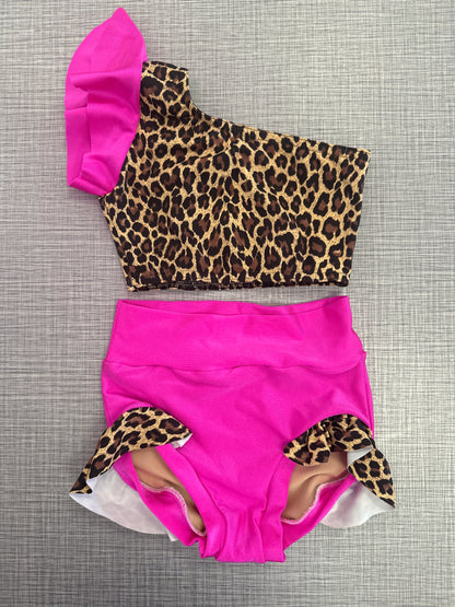 One Shoulder Neon Pink Cheetah Ruffle Brief Set