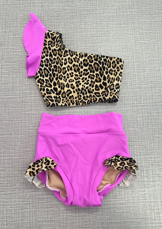 One Shoulder Neon Purple Cheetah Ruffle Brief Set