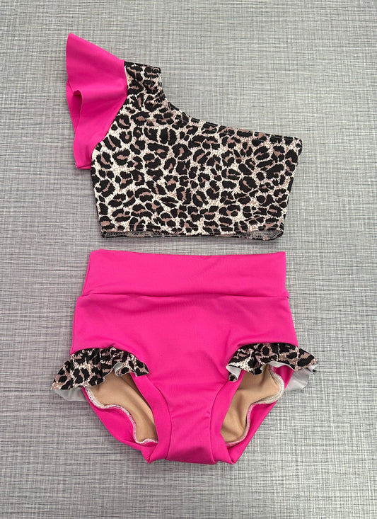 One Shoulder Neon Pink Cheetah Ruffle Brief Set