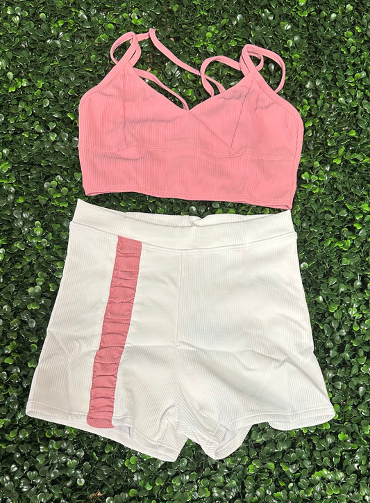 CY Dusty Rose Bra Top & White Short Set
