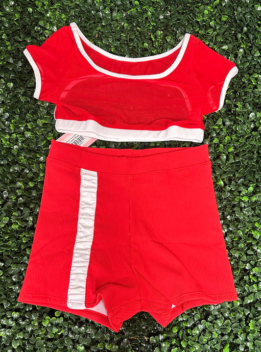 CY Red Mesh Top & White Short Set *