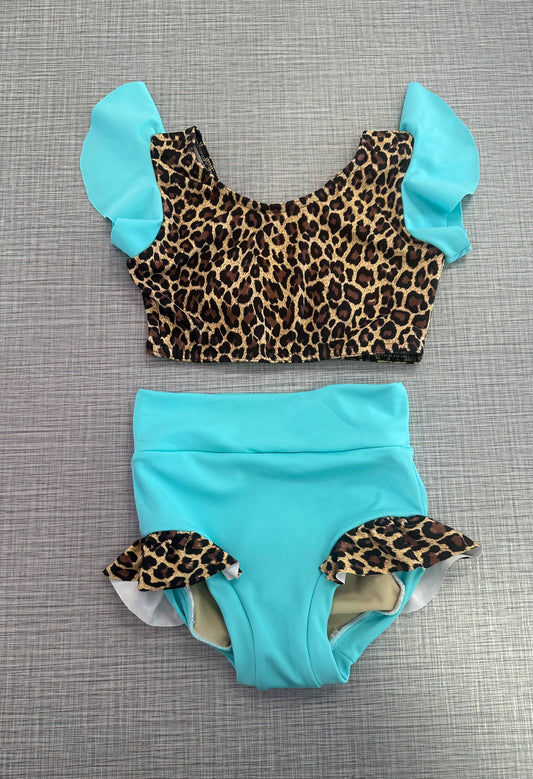 Ruffle Sleeve Teal Cheetah Brief Set