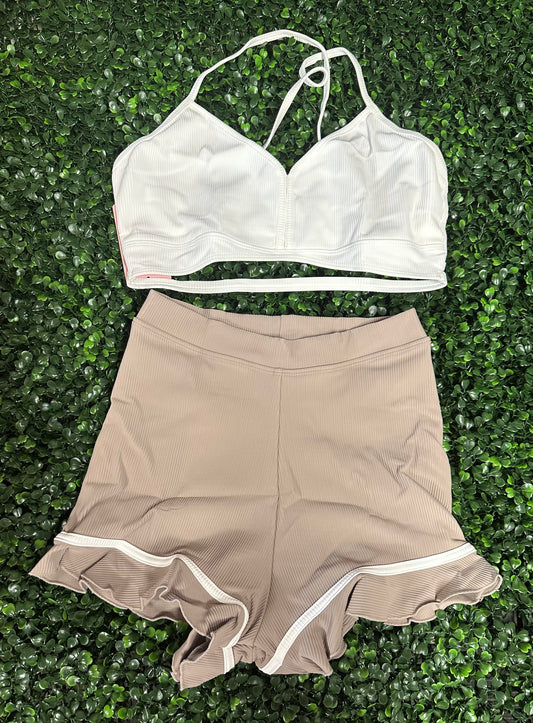 CY White Bra Top & Tan Ruffle Short Set