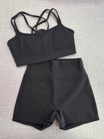 Striped Criss Cross Bra Top & High Waist Short Set