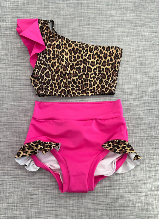 One Shoulder Neon Pink Cheetah Ruffle Brief Set
