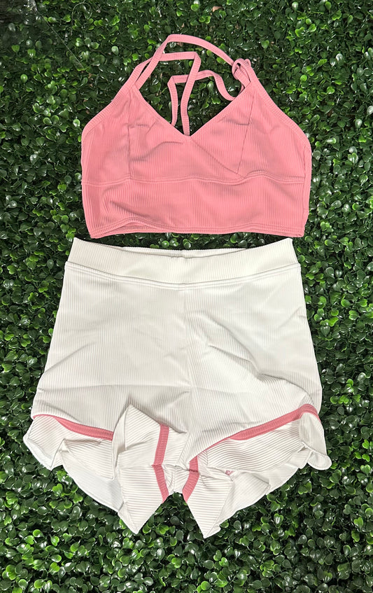 CY Dusty Rose Top & White Ruffle Short Set