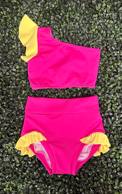 Custom Neon One Shoulder Ruffle Brief Set