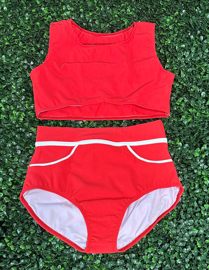 CY Ribbed Red with White Stripe Brief Set