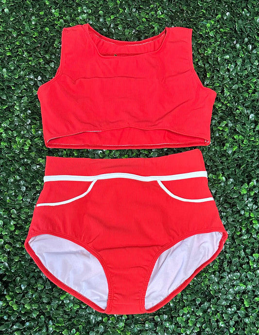 CY Ribbed Red with White Stripe Brief Set