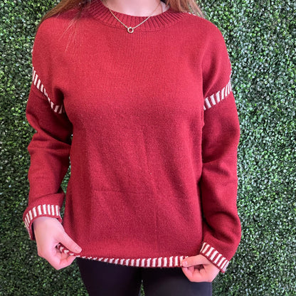 Burgundy with White Trim Crew Neck Sweater