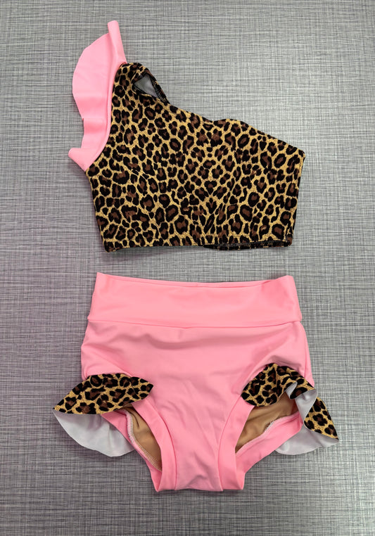 One Shoulder Pink Cheetah Ruffle Brief Set