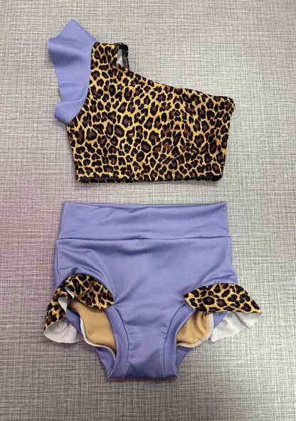 One Shoulder Cheetah Ruffle Brief Set