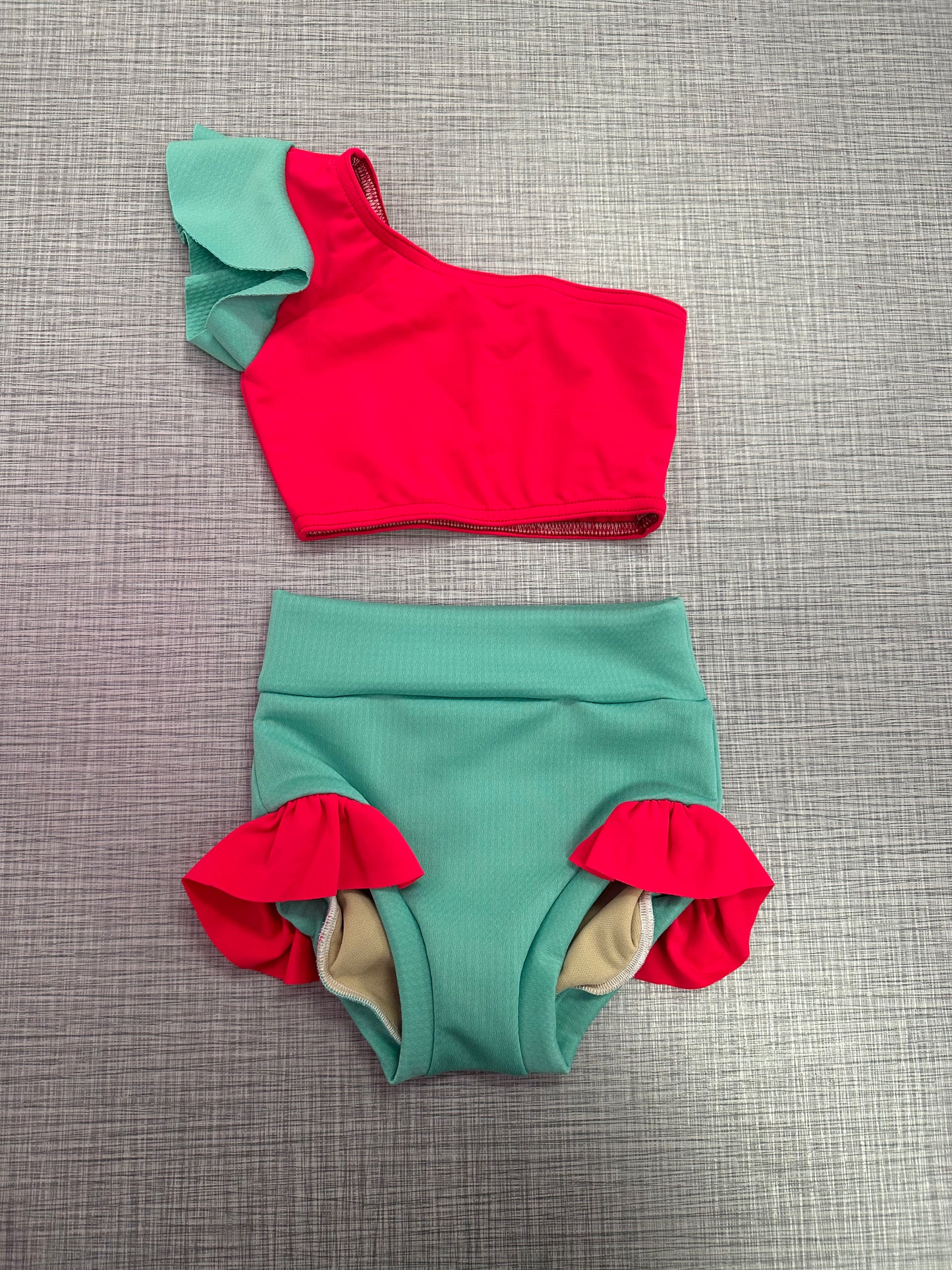 One Shoulder Mint & Bright Coral Ruffle Brief Set