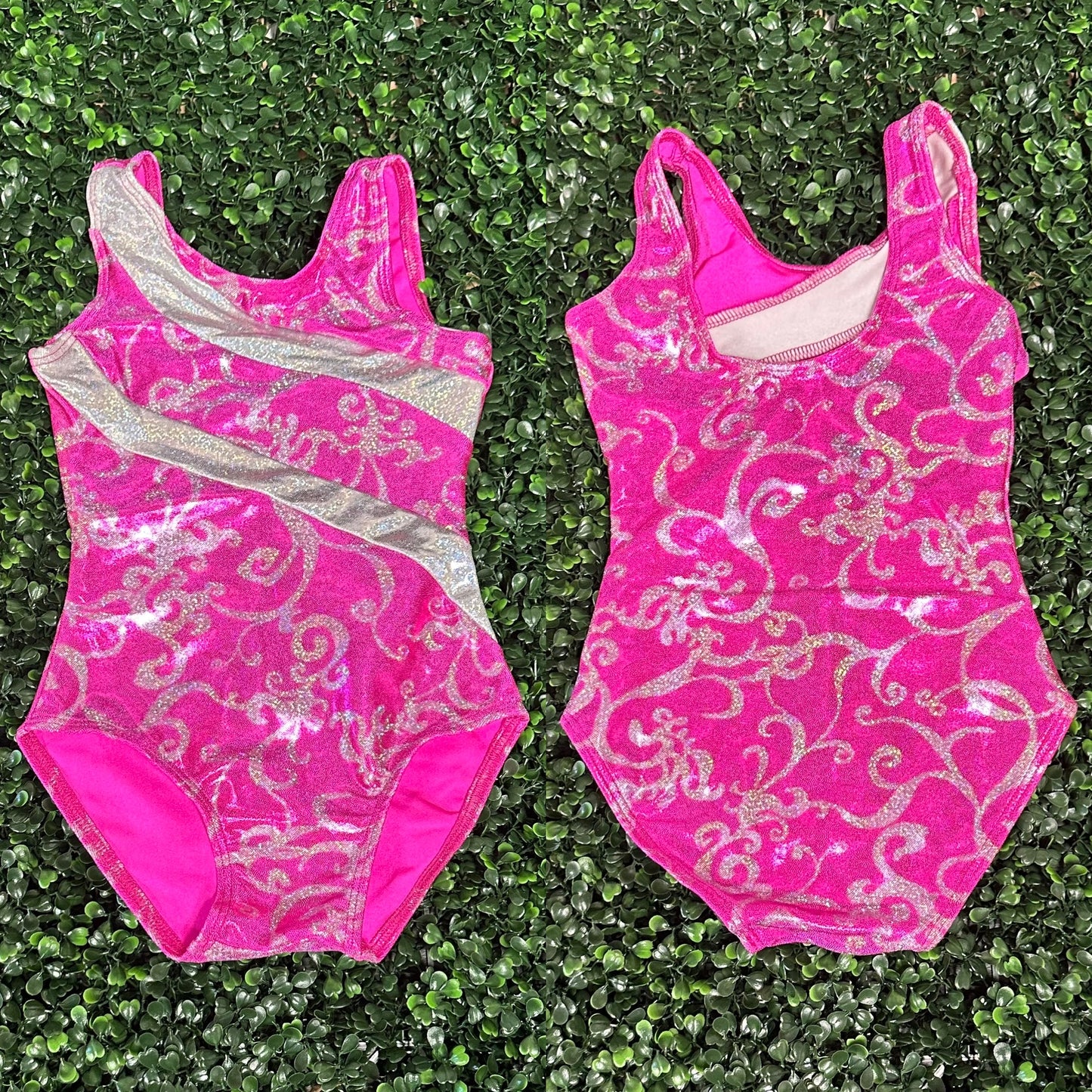 Hot Pink w/ Silver Scroll Leotard