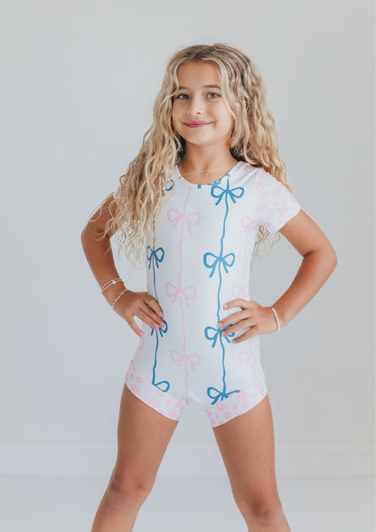 Pink and Blue Bow Shortie Leotard