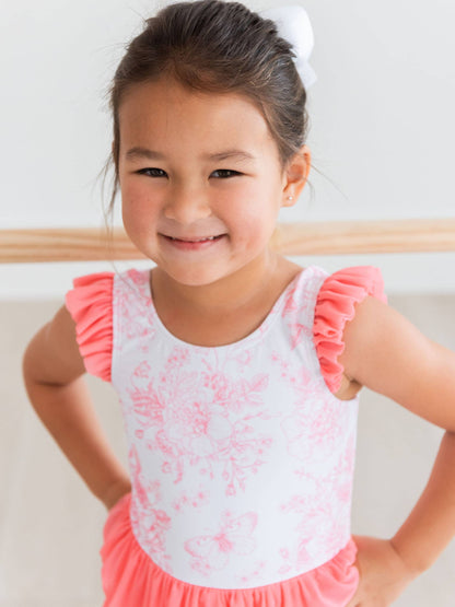 Girls Bubblegum Butterfly Garden Toile Flutter Sleeve Dance & Gymnastics Leotard