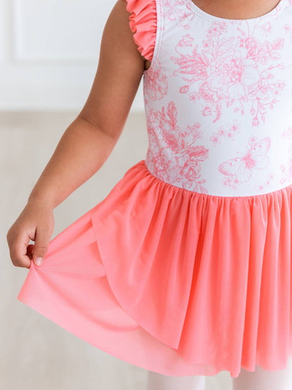 Girls Bubblegum Butterfly Garden Toile Flutter Sleeve Dance & Gymnastics Leotard